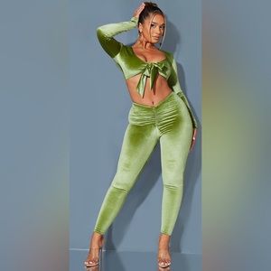 NWT PLT Shape Olive Velvet Tie Front Crop Top with Matching Velvet Tights Size 8